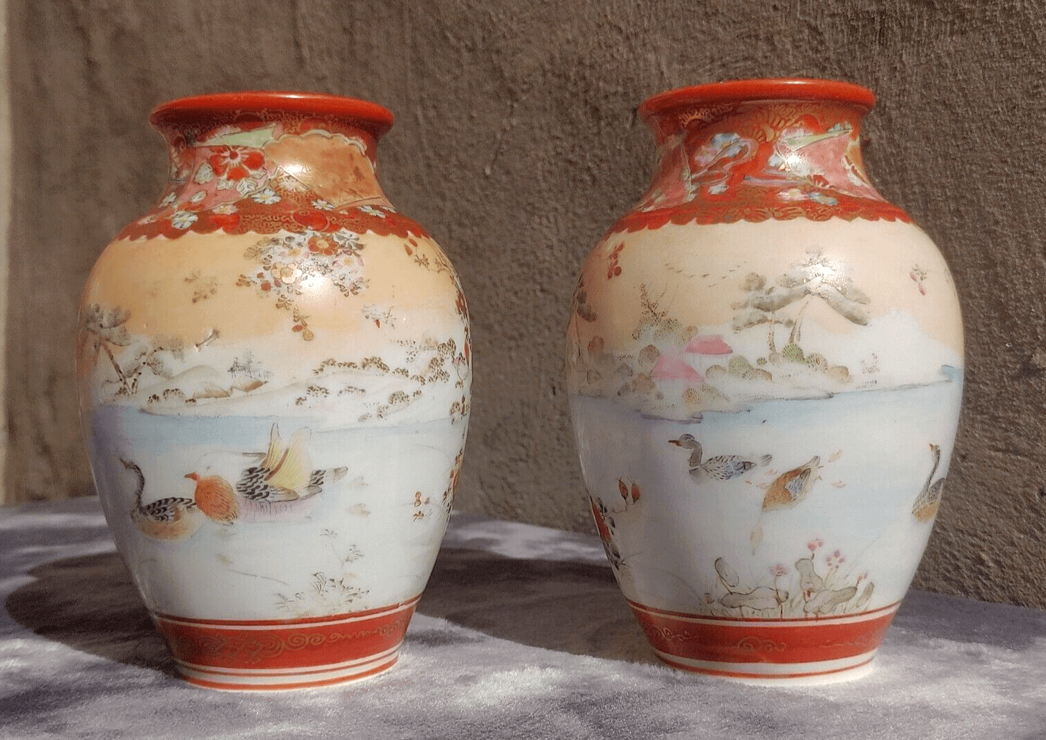 Antique Pair of Japanese Meiji Period Signed Kutani Tsukuru Quail Vases 15.5 cm - Tommy's Treasure