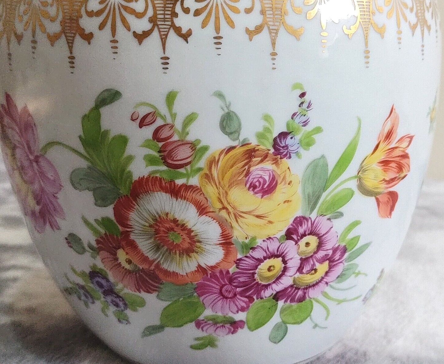 c.1890 Dresden German Porcelain Hand Painted Flowers Antique Jardiniere Plant Pot