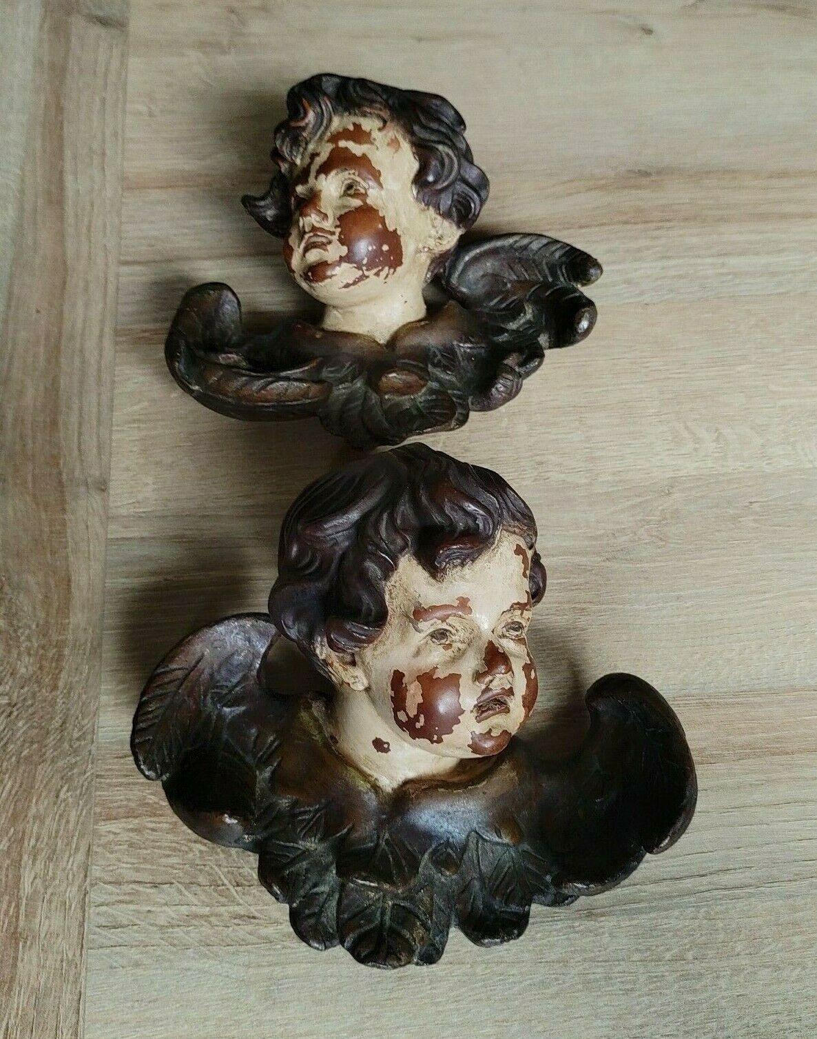 Antique Pair of German Baroque Cherub Angel Putti Head Plaster Wood Wall Plaques - Tommy's Treasure