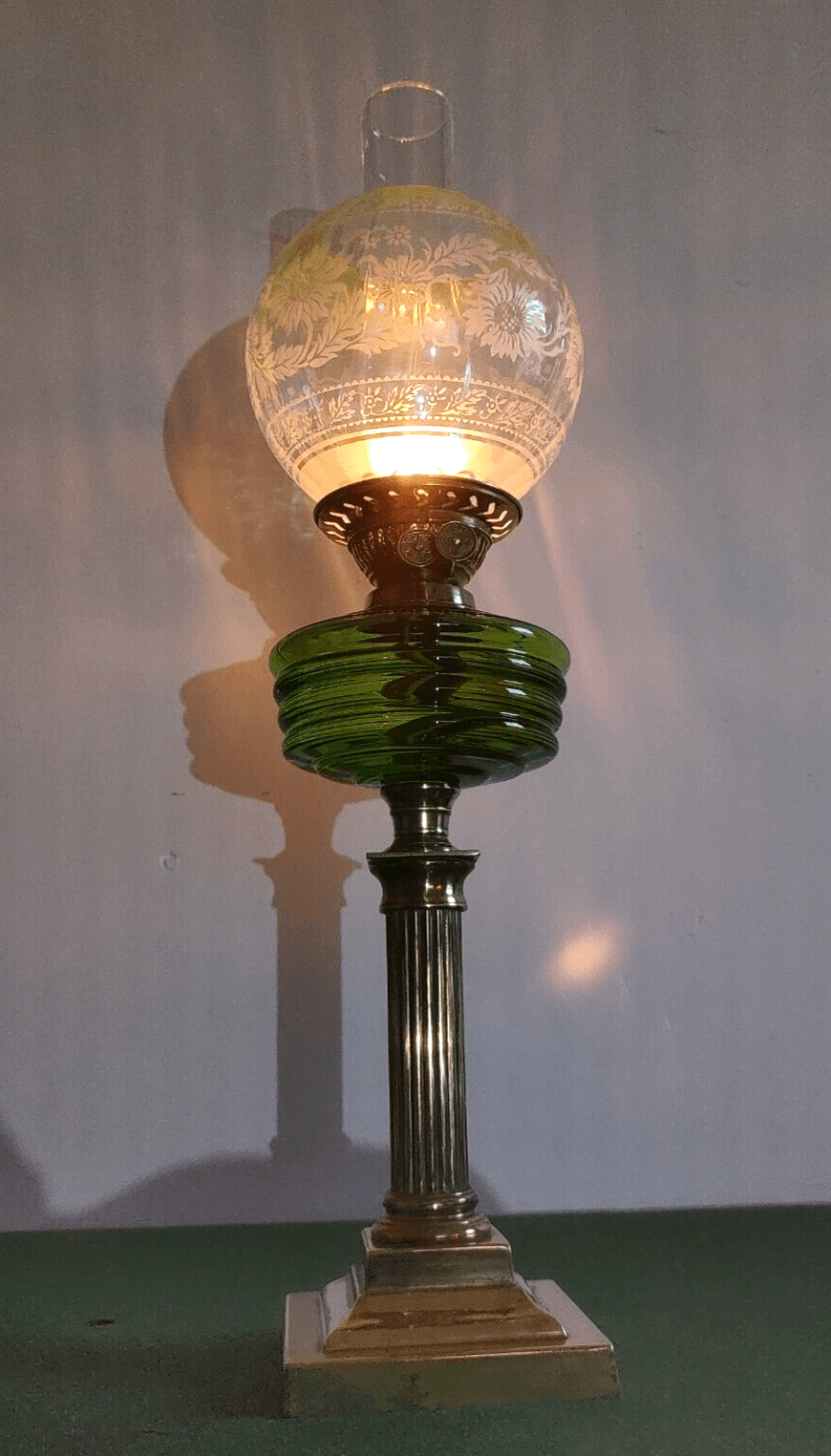 Antique Green Glass Oil Lamp Font Column Base Eltex Duplex Burner Optic Shade - Tommy's Treasure
