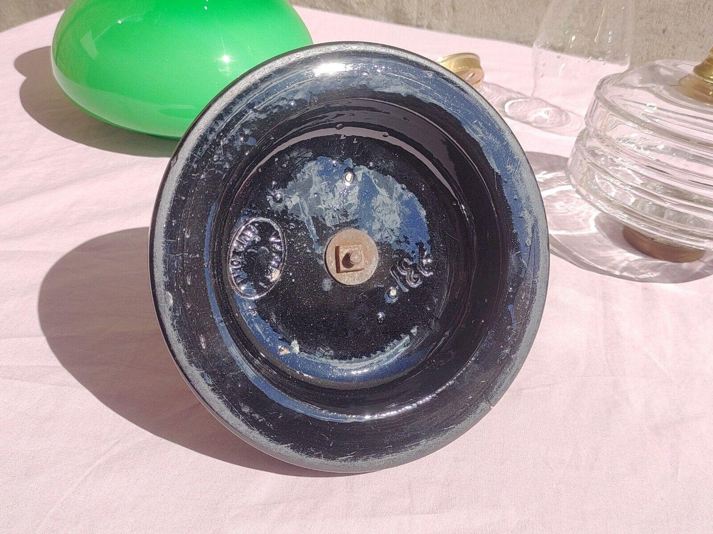 Victorian Oil Lamp Brass Facet Cut Glass Font Duplex Burner Cased Shade - Tommy's Treasure