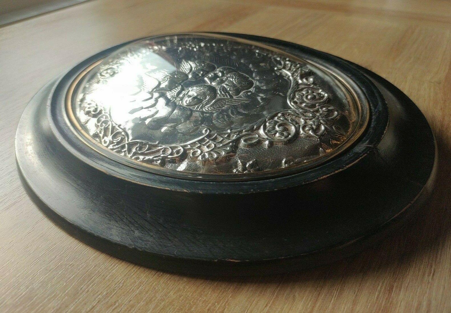 Victorian Reynolds Angels Silver Leaf Foil Convex Glass Hanging Wall Plaque 29 cm - Tommy's Treasure