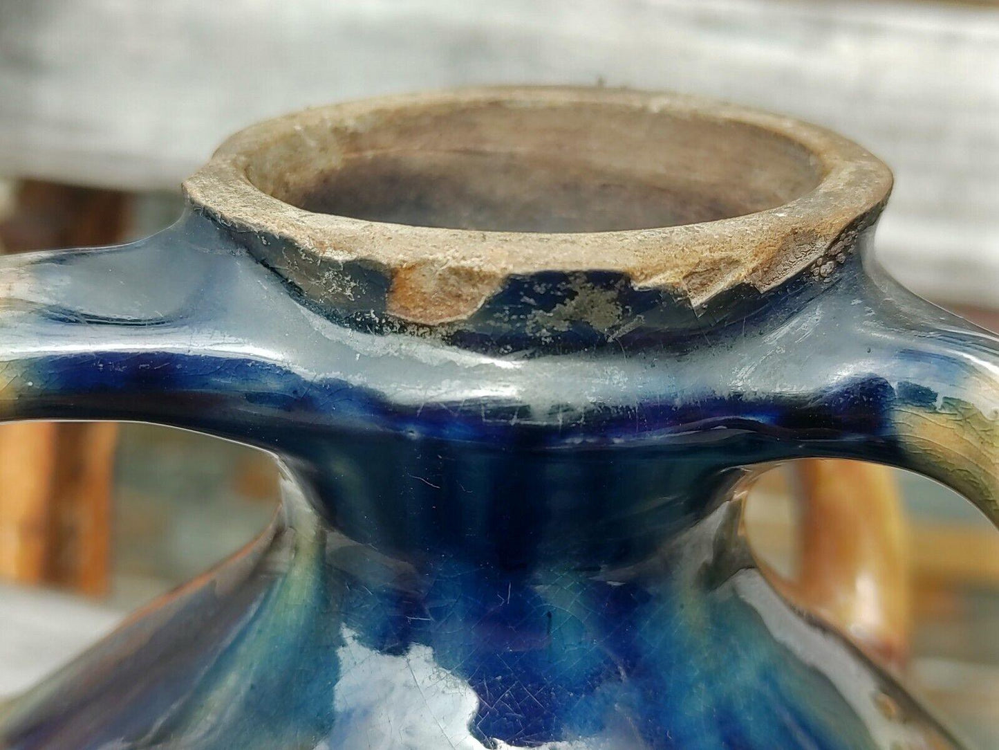 Belgian Art Nouveau Twisted 3 Handle Drip Glaze Ceramic Pottery Vase - 20 cm - Tommy's Treasure