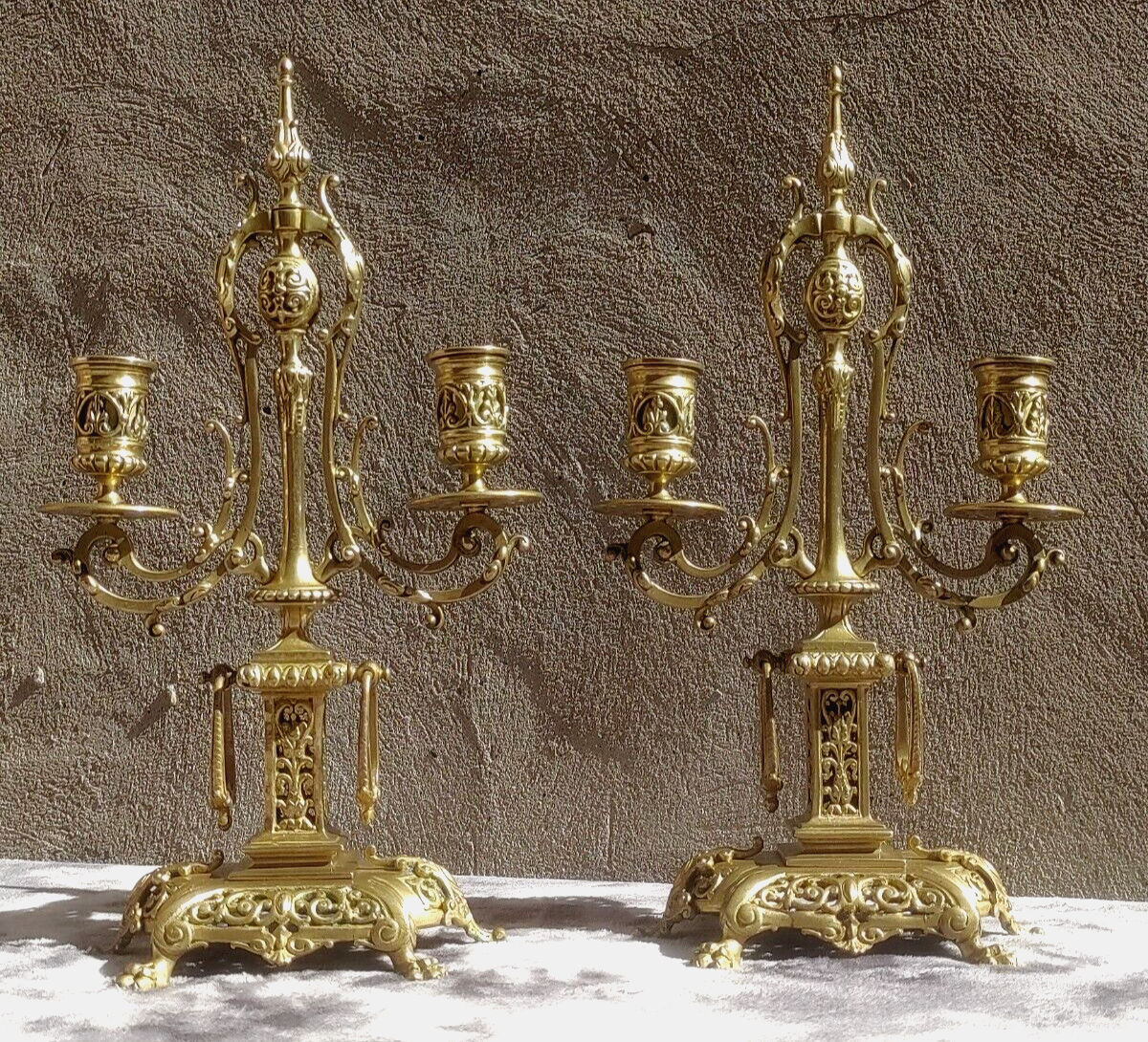 Pair of Ornate Victorian Antique Brass Candelabra Twin Candlestick Holders 36 cm