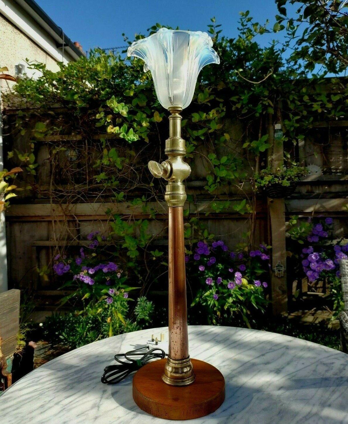 Vintage Fire Hose Table Lamp Copper Brass & Art Deco Opalescent Glass Shade - Tommy's Treasure
