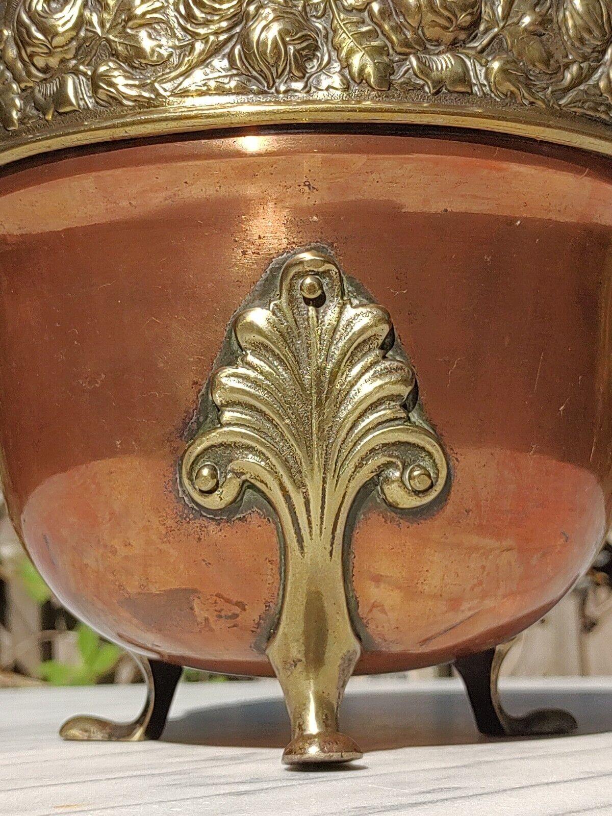 Antique Art Nouveau Copper & Brass Floral Repousse Jardiniere Footed Planter - Tommy's Treasure