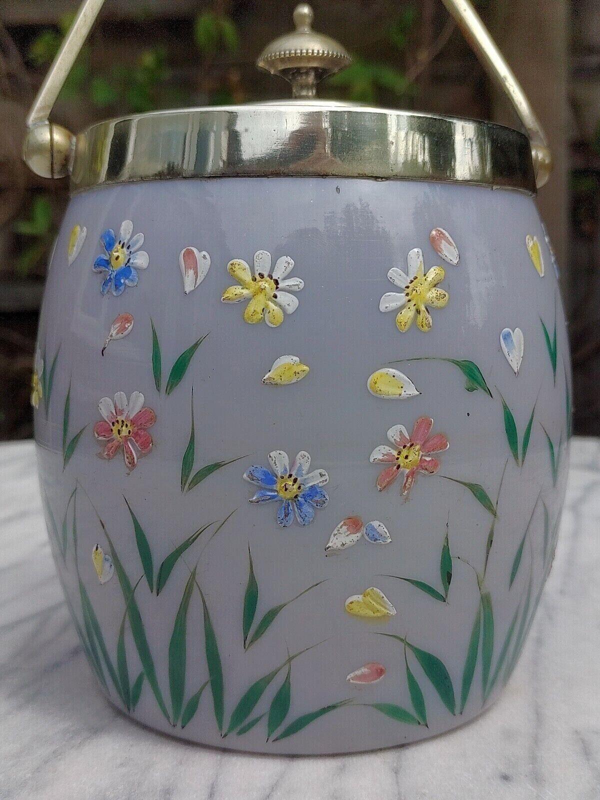 c.1890 Hand Enamelled Milk Glass Silver Plated Biscuit Barrel Cookie Jar - Tommy's Treasure