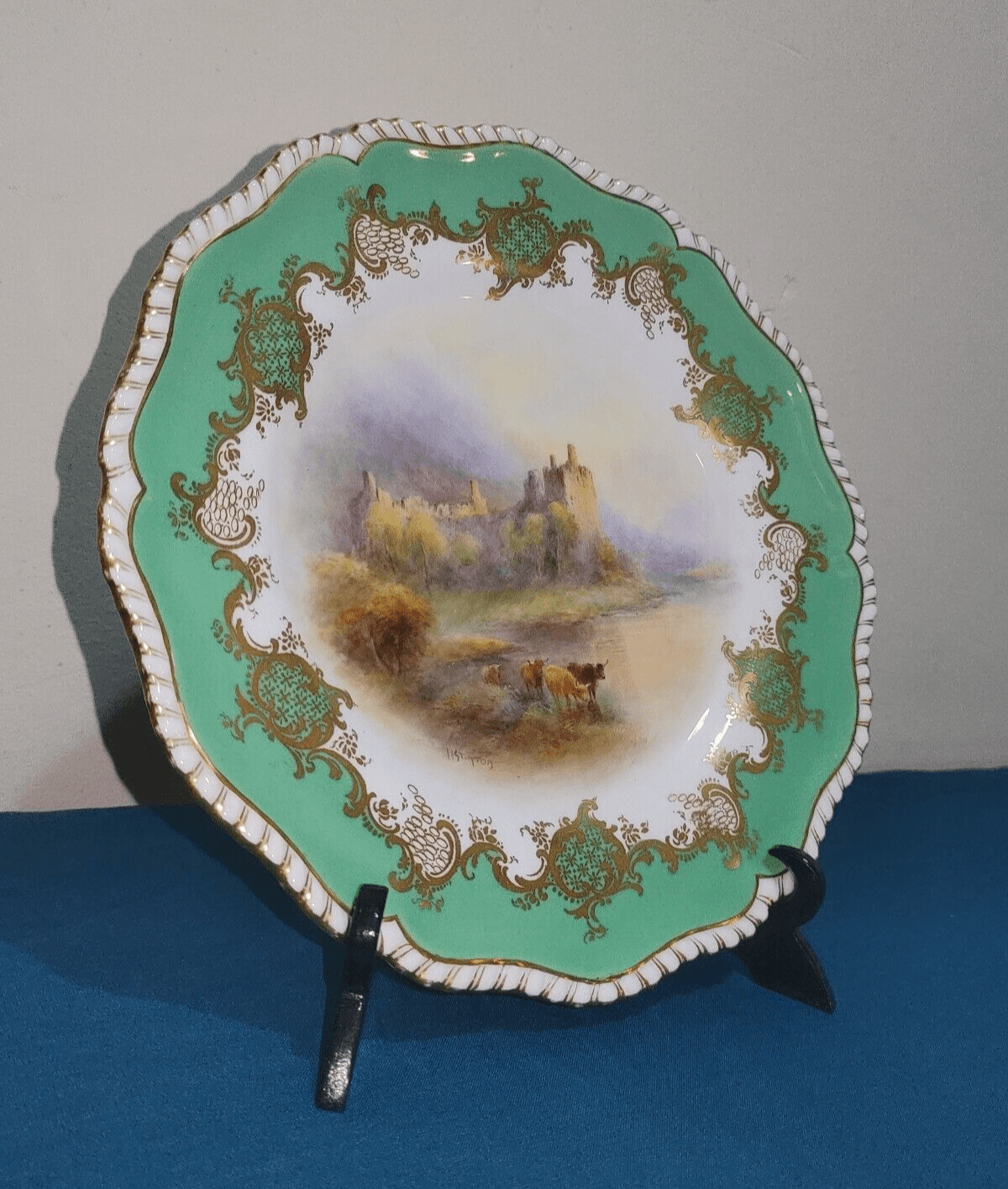 Antique 1921 Royal Worcester Plate Highland Cattle Kilchurn Castle by H. Stinton - Tommy's Treasure