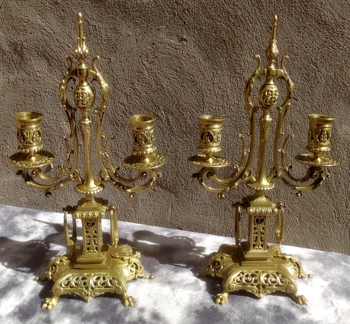 Pair of Ornate Victorian Antique Brass Candelabra Twin Candlestick Holders 36 cm