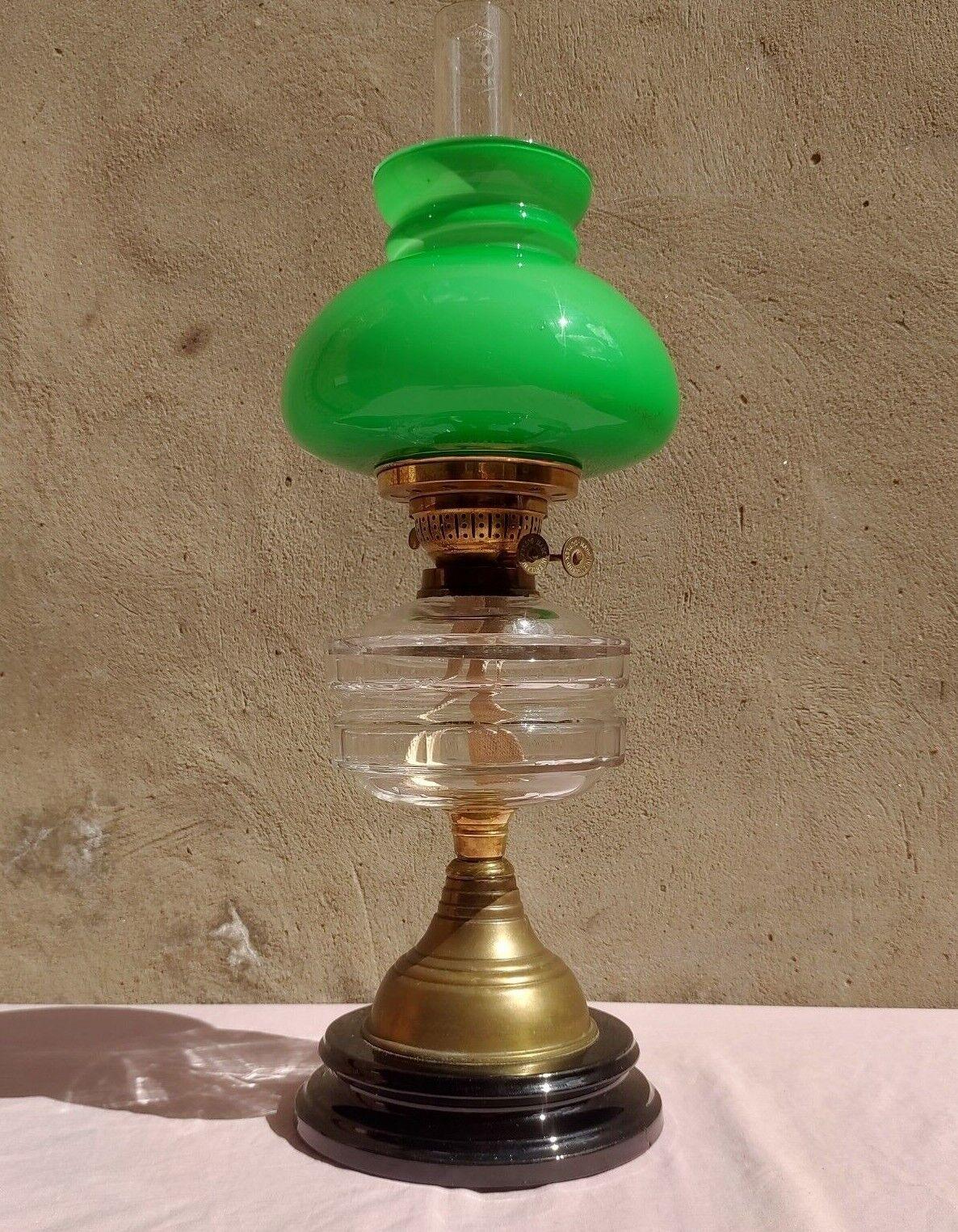 Victorian Oil Lamp Brass Facet Cut Glass Font Duplex Burner Cased Shade - Tommy's Treasure