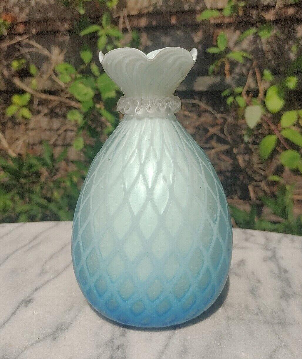 English Victorian Cased Blue Mother of Pearl Diamond Quilted Satin Glass Vase - Tommy's Treasure