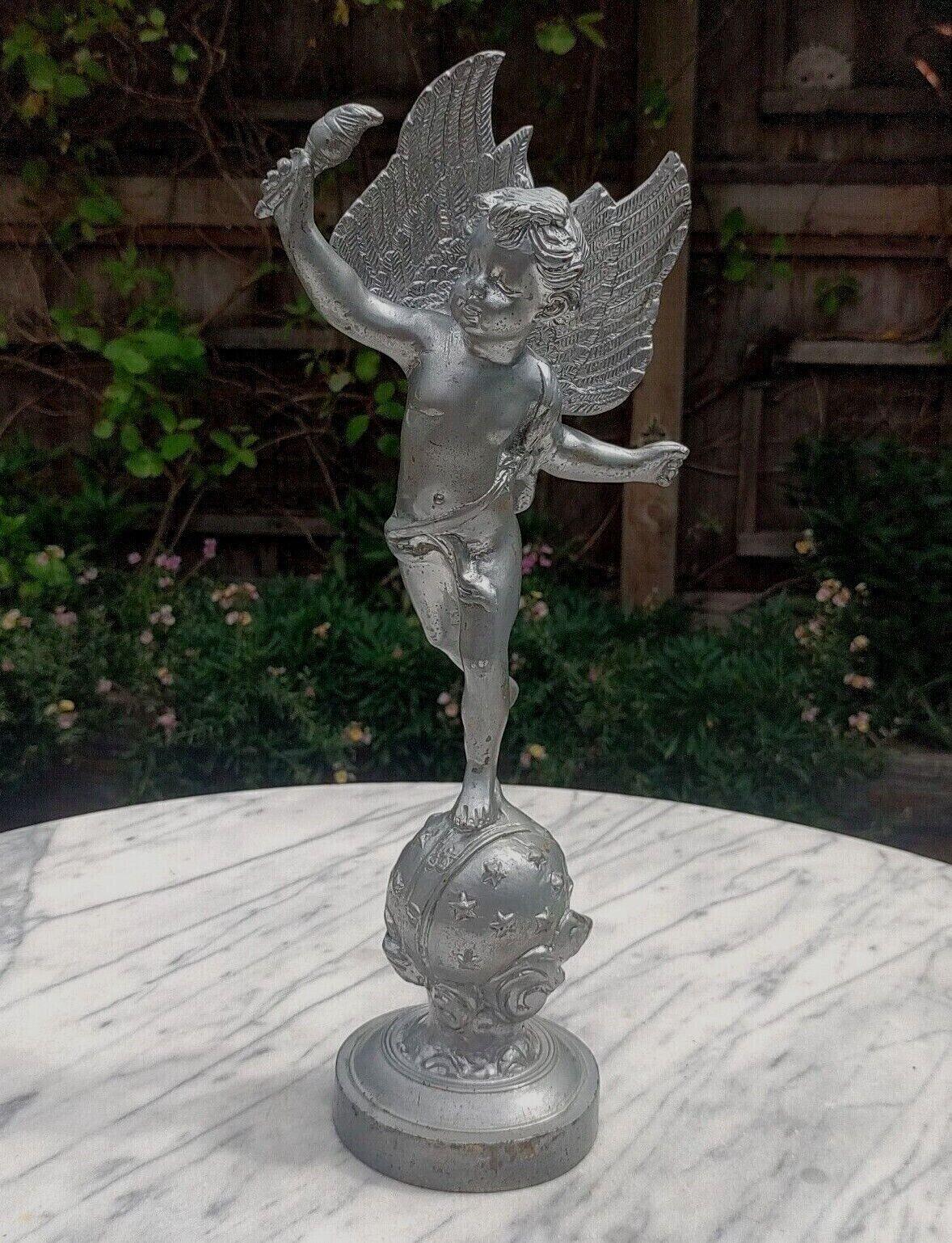 Vintage Silvered Bronze Winged Cherub with Torch on Celestial Globe Statue 17.5" - Tommy's Treasure