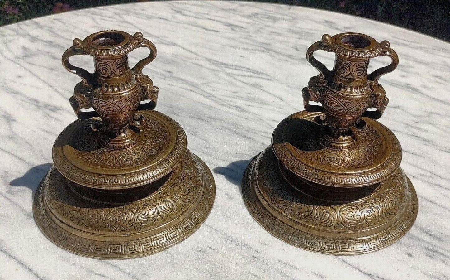 Pair of French Neoclassical Renaissance Style 19th Century Bronze Urn Candlestick Holders - Tommy's Treasure