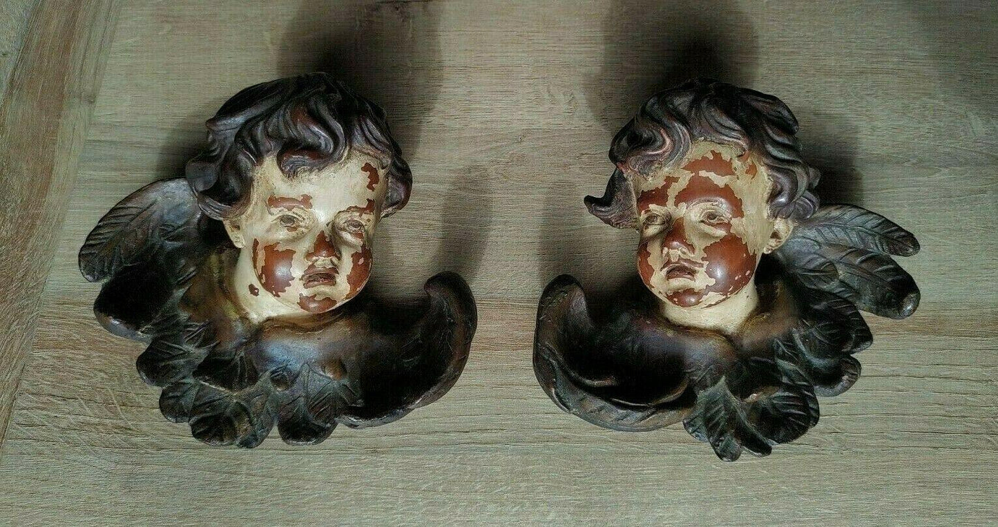 Antique Pair of German Baroque Cherub Angel Putti Head Plaster Wood Wall Plaques - Tommy's Treasure