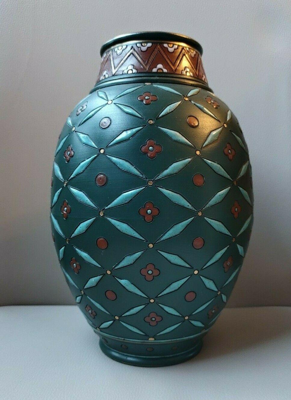 German c1900 Villeroy & Boch Mettlach Stoneware Ceramic Gilt Enamel Antique Vase - Tommy's Treasure