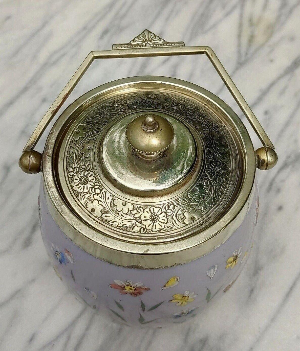 c.1890 Hand Enamelled Milk Glass Silver Plated Biscuit Barrel Cookie Jar - Tommy's Treasure