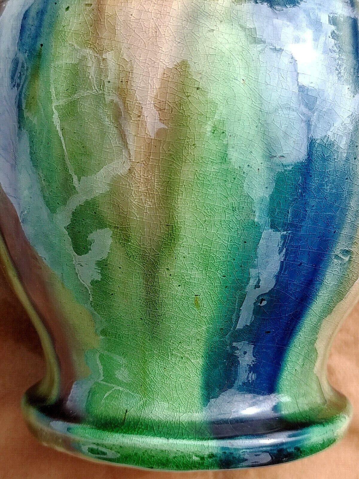 Belgian Art Nouveau Twisted 3 Handle Drip Glaze Ceramic Pottery Vase - 20 cm - Tommy's Treasure