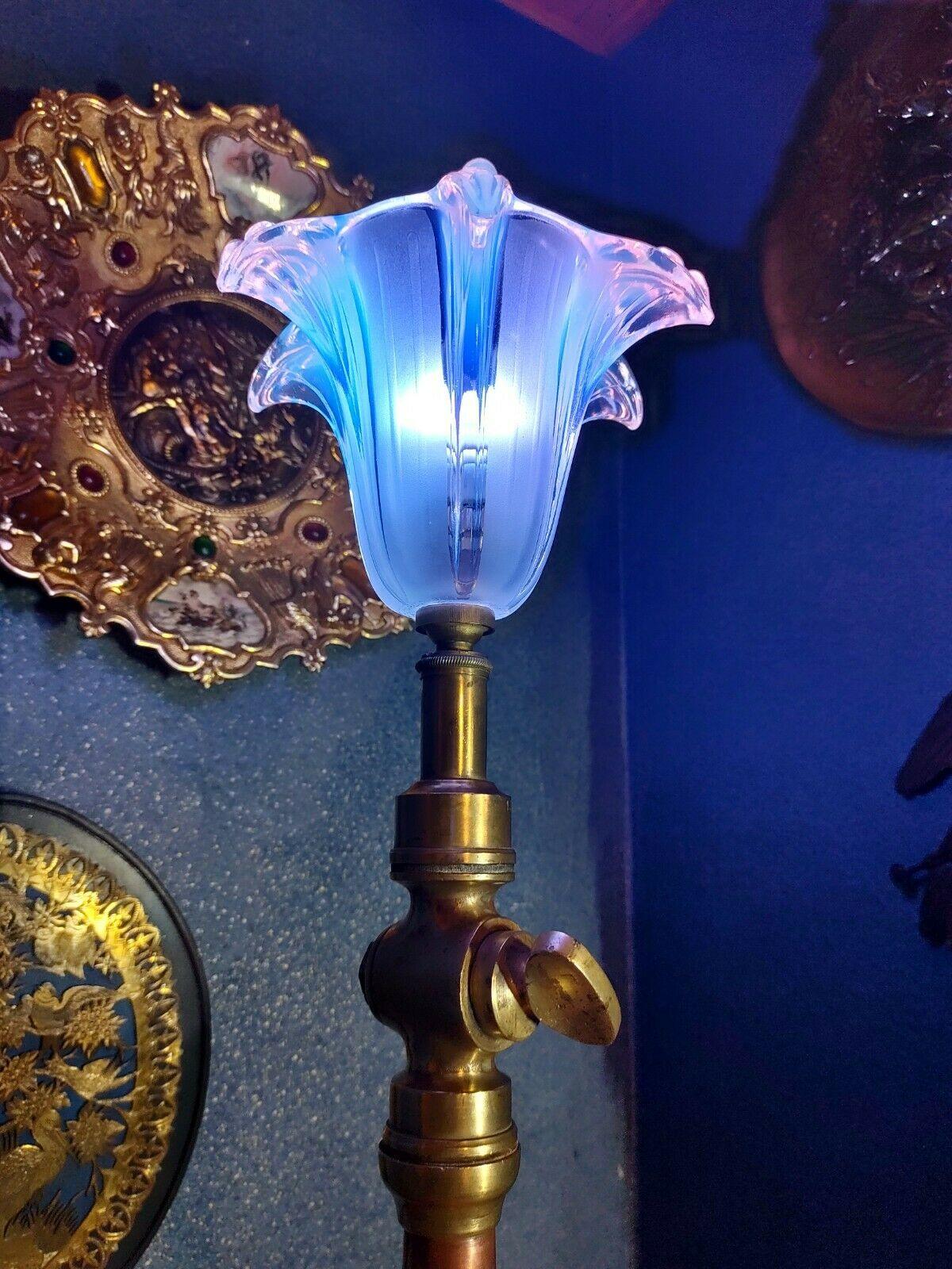 Vintage Fire Hose Table Lamp Copper Brass & Art Deco Opalescent Glass Shade - Tommy's Treasure