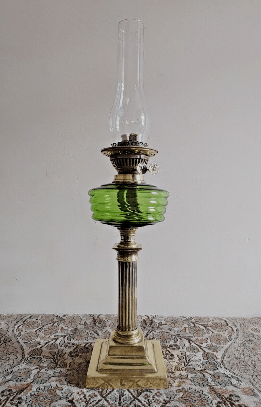 Antique Green Glass Oil Lamp Font Column Base Eltex Duplex Burner Optic Shade - Tommy's Treasure
