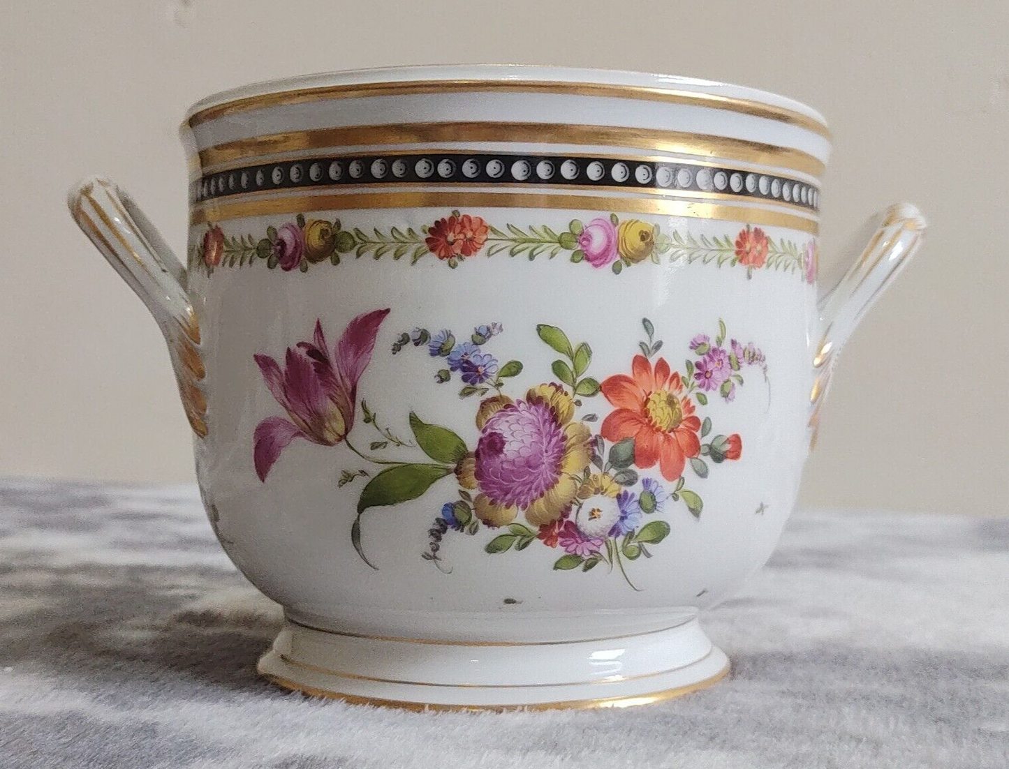 Antique Dresden German Porcelain Handpainted Flowers Jardiniere Cachepot Planter