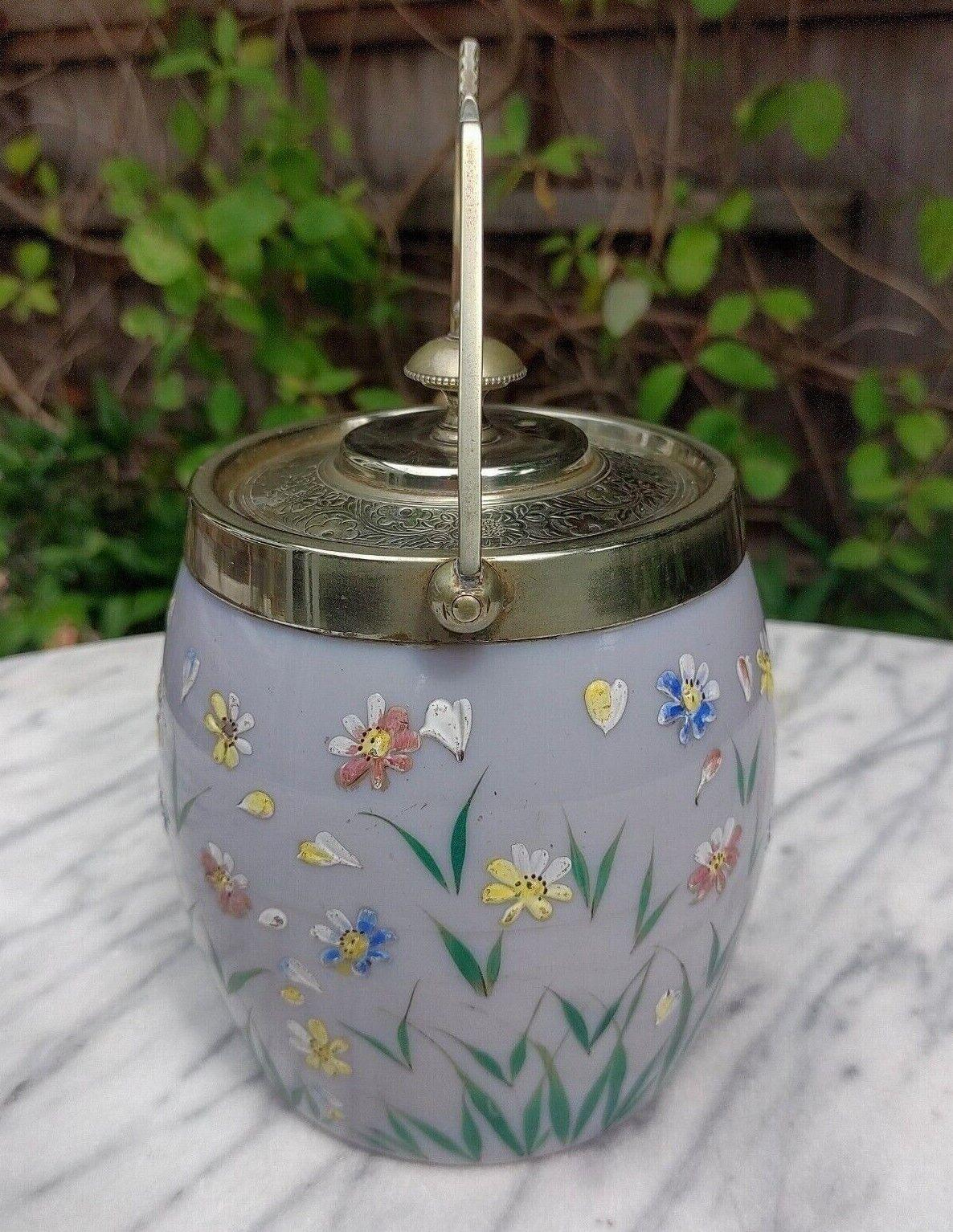 c.1890 Hand Enamelled Milk Glass Silver Plated Biscuit Barrel Cookie Jar - Tommy's Treasure