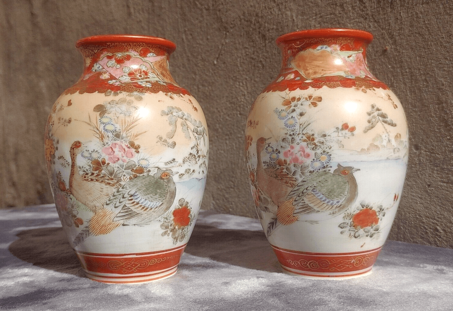 Antique Pair of Japanese Meiji Period Signed Kutani Tsukuru Quail Vases 15.5 cm - Tommy's Treasure