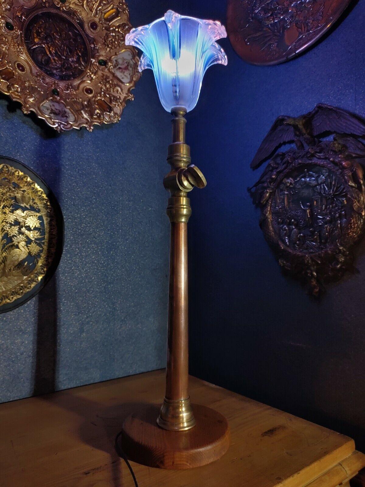 Vintage Fire Hose Table Lamp Copper Brass & Art Deco Opalescent Glass Shade - Tommy's Treasure