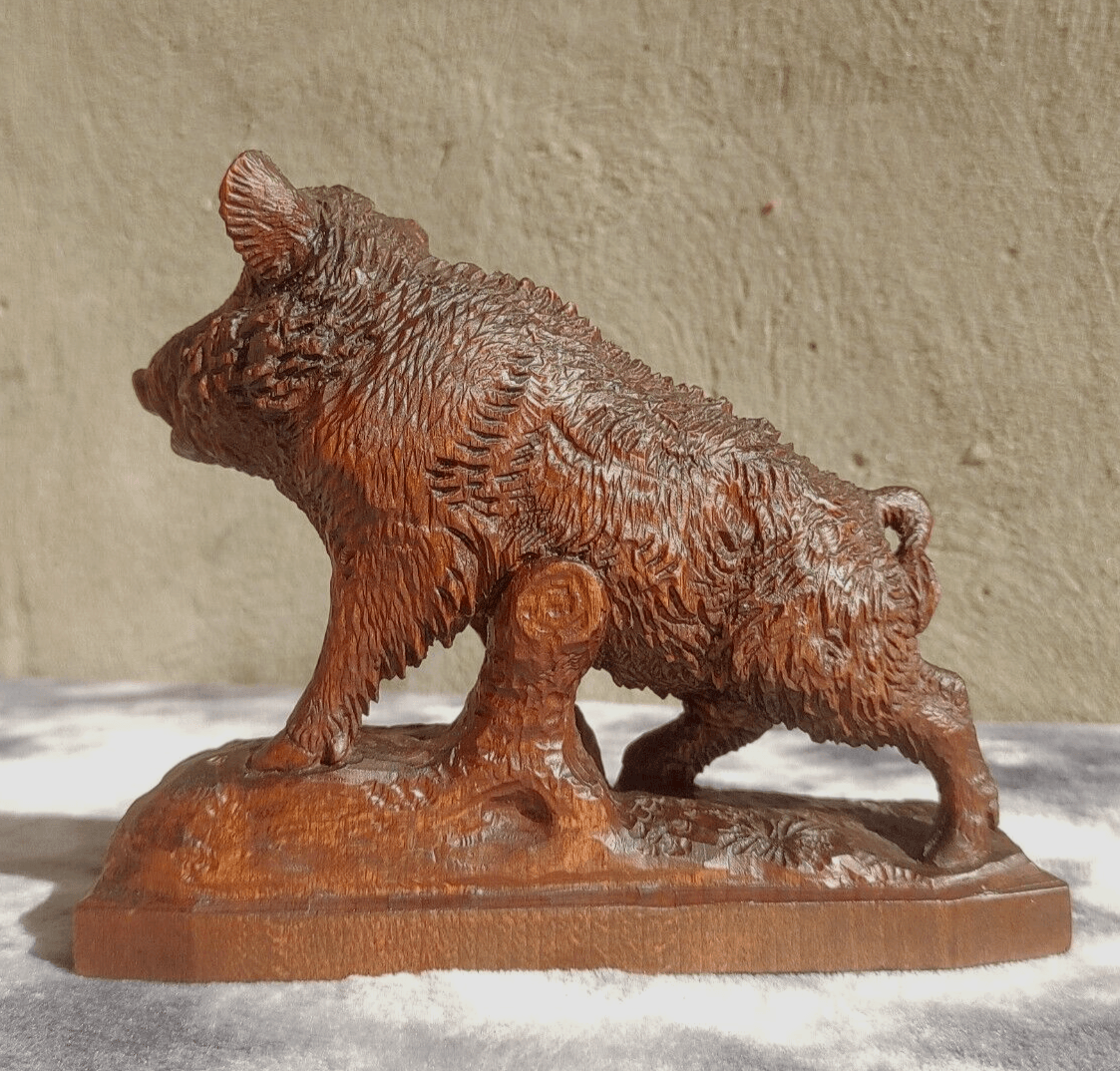 19th Century Black Forest Antique Carved Wood Swiss Brienz Wild Boar Hog Figure - Tommy's Treasure