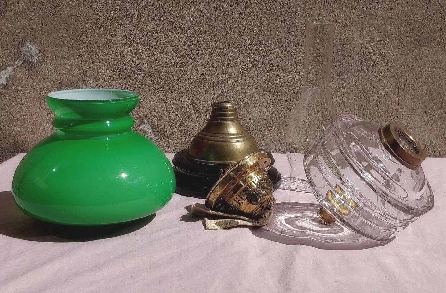 Victorian Oil Lamp Brass Facet Cut Glass Font Duplex Burner Cased Shade - Tommy's Treasure