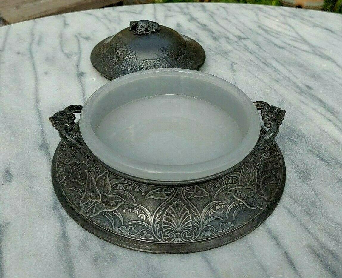 Antique Pewter Butter Dish Embossed Farm Agriculture Scene + Glass Liner - Tommy's Treasure