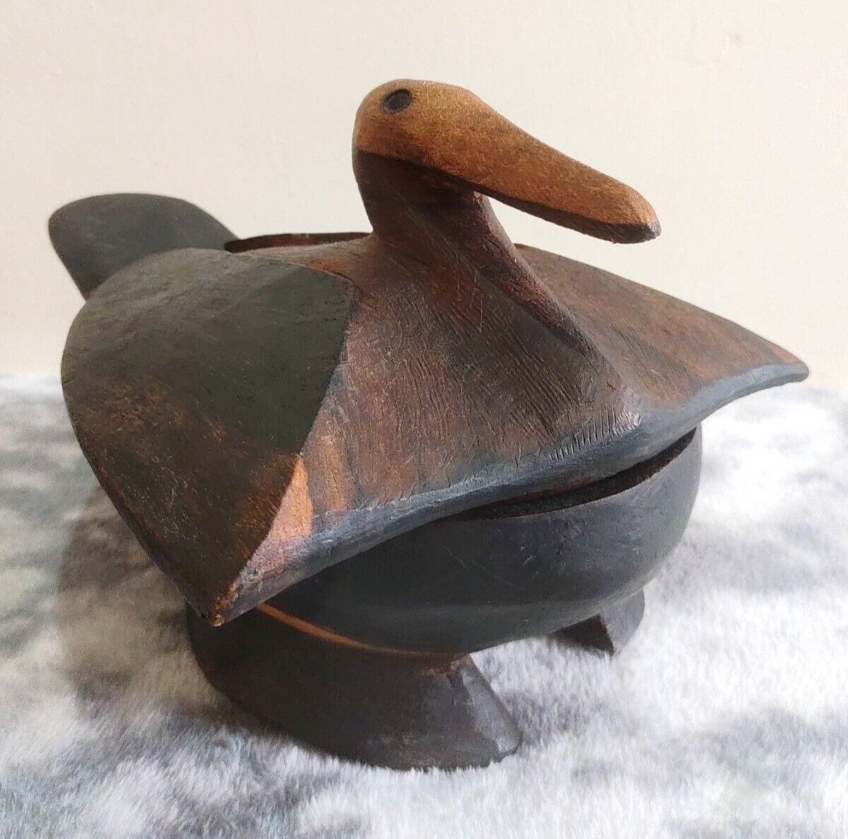 African Tribal Rotse Lozi Zambia Zoomorphic Duck Bowl Container Wood Carving
