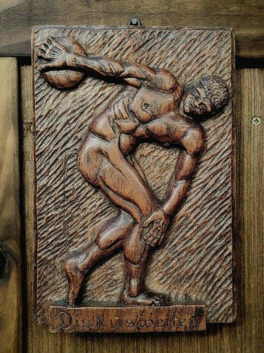 Antique German Carved Oak Classical Grecian Greek Discus Thrower Wood Plaque - Tommy's Treasure