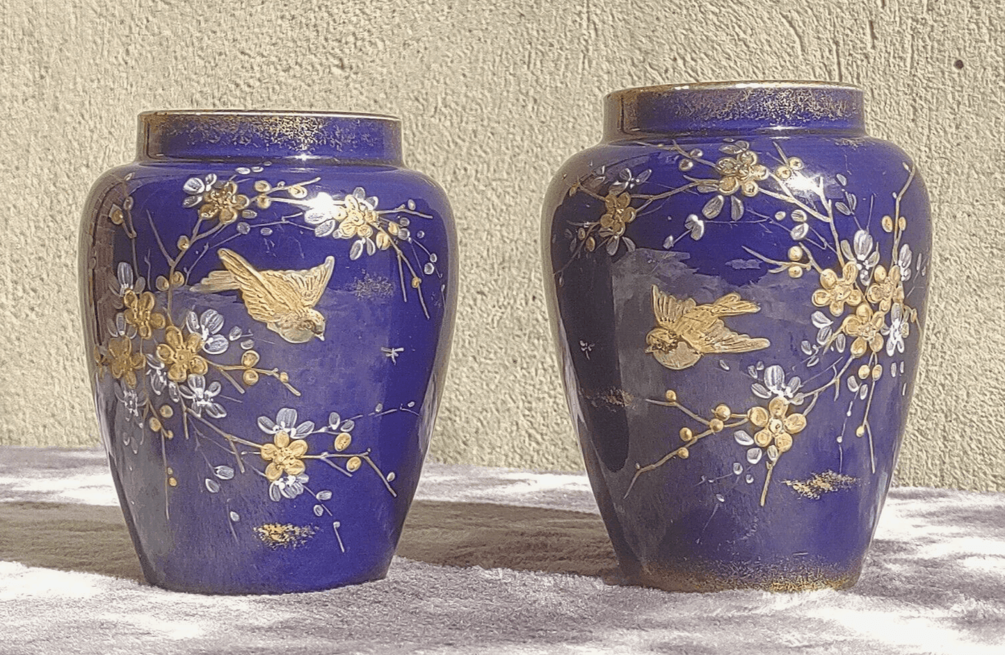 Victorian 19th Century Antique English Cobalt Blue Ceramic Pottery Enamel Gilt Vases - Tommy's Treasure