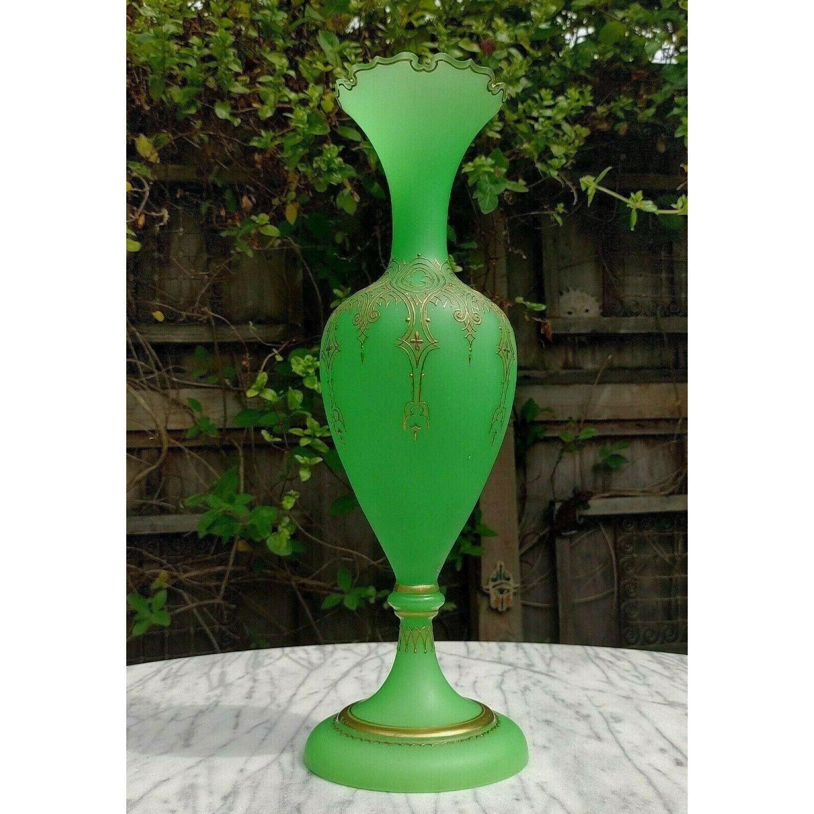 19th Century French Baccarat Gilt Opaline Uranium Glass Vase - Tommy's Treasure