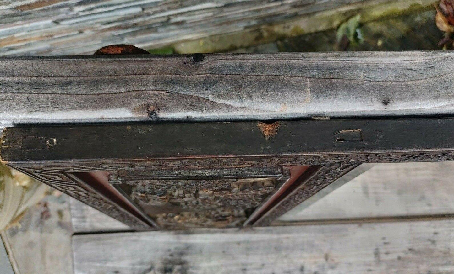 c.1900 Antique Chinese Carved Wood Figural Panel Hardwood Bevelled Mirror - 38" - Tommy's Treasure