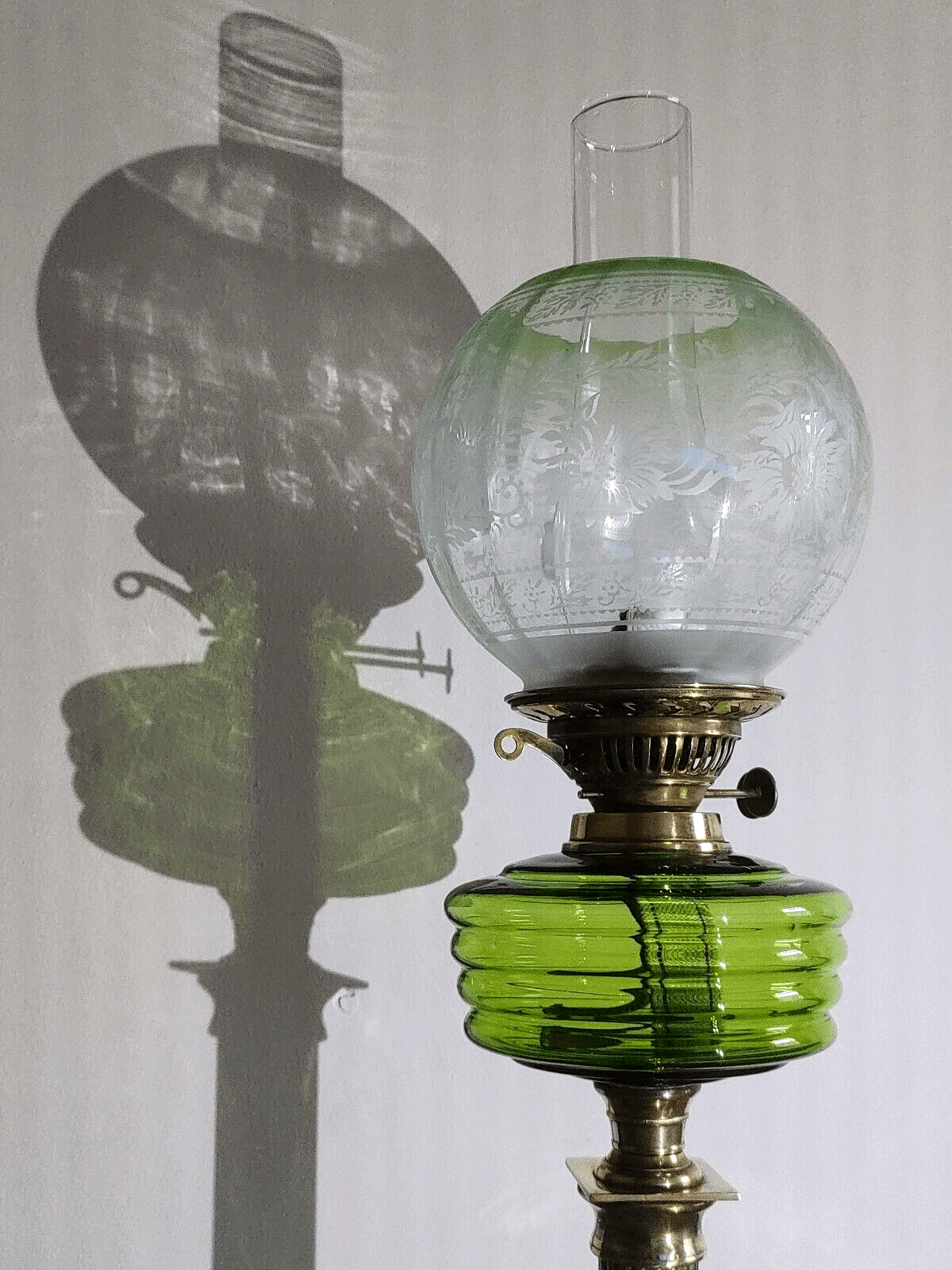 Antique Green Glass Oil Lamp Font Column Base Eltex Duplex Burner Optic Shade - Tommy's Treasure