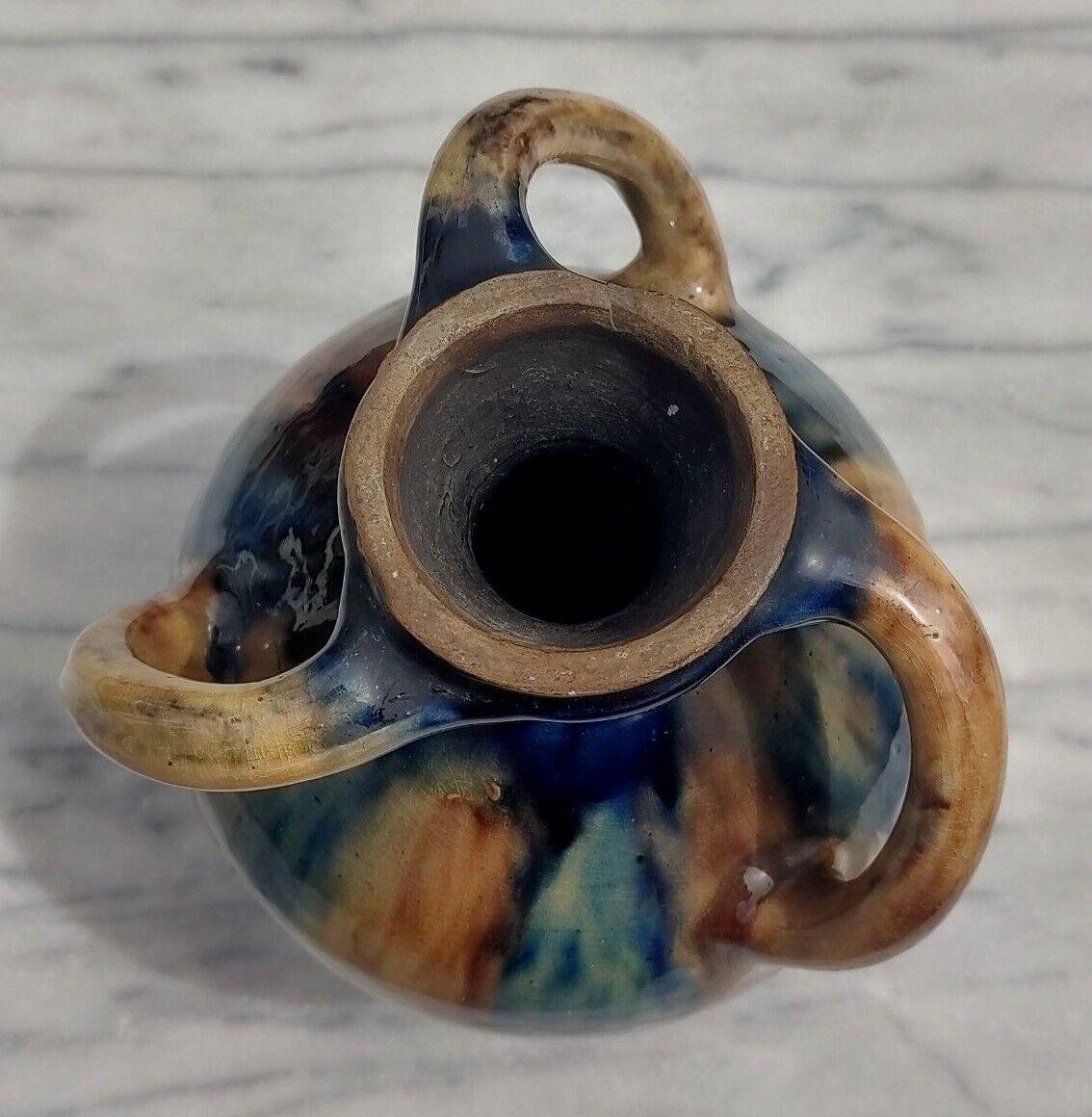 Belgian Art Nouveau Twisted 3 Handle Drip Glaze Ceramic Pottery Vase - 20 cm - Tommy's Treasure