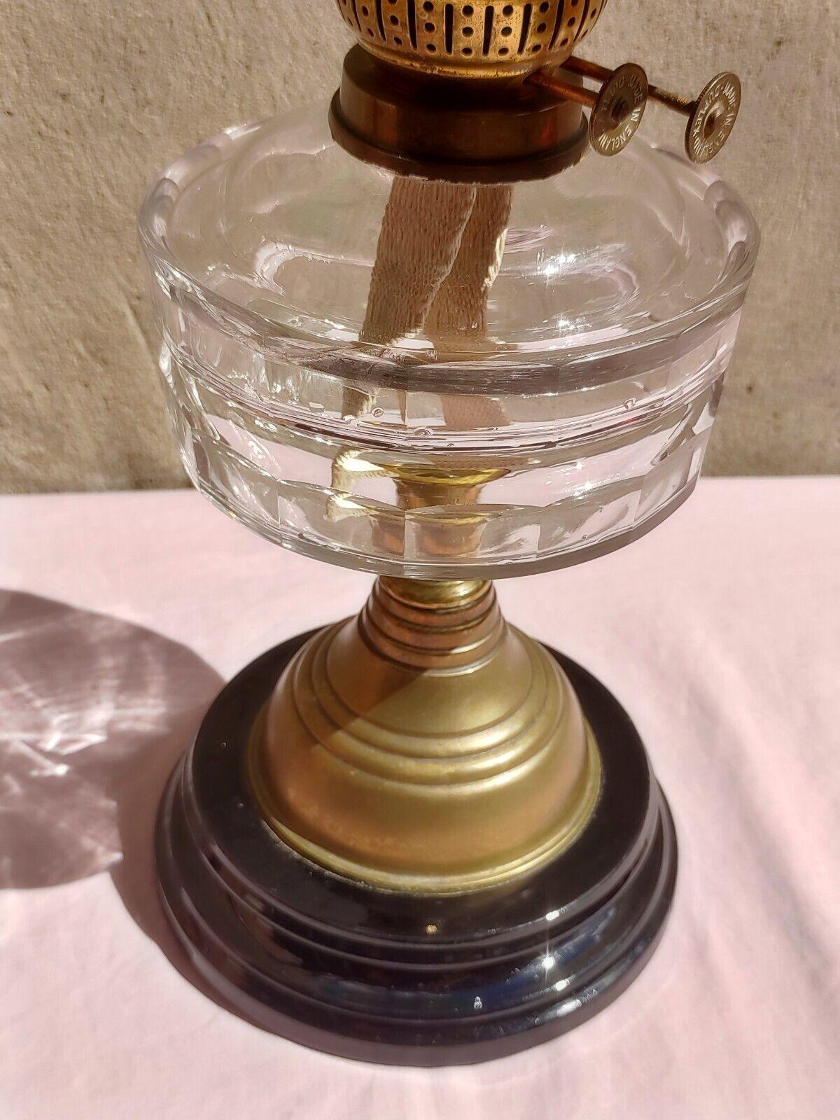 Victorian Oil Lamp Brass Facet Cut Glass Font Duplex Burner Cased Shade - Tommy's Treasure