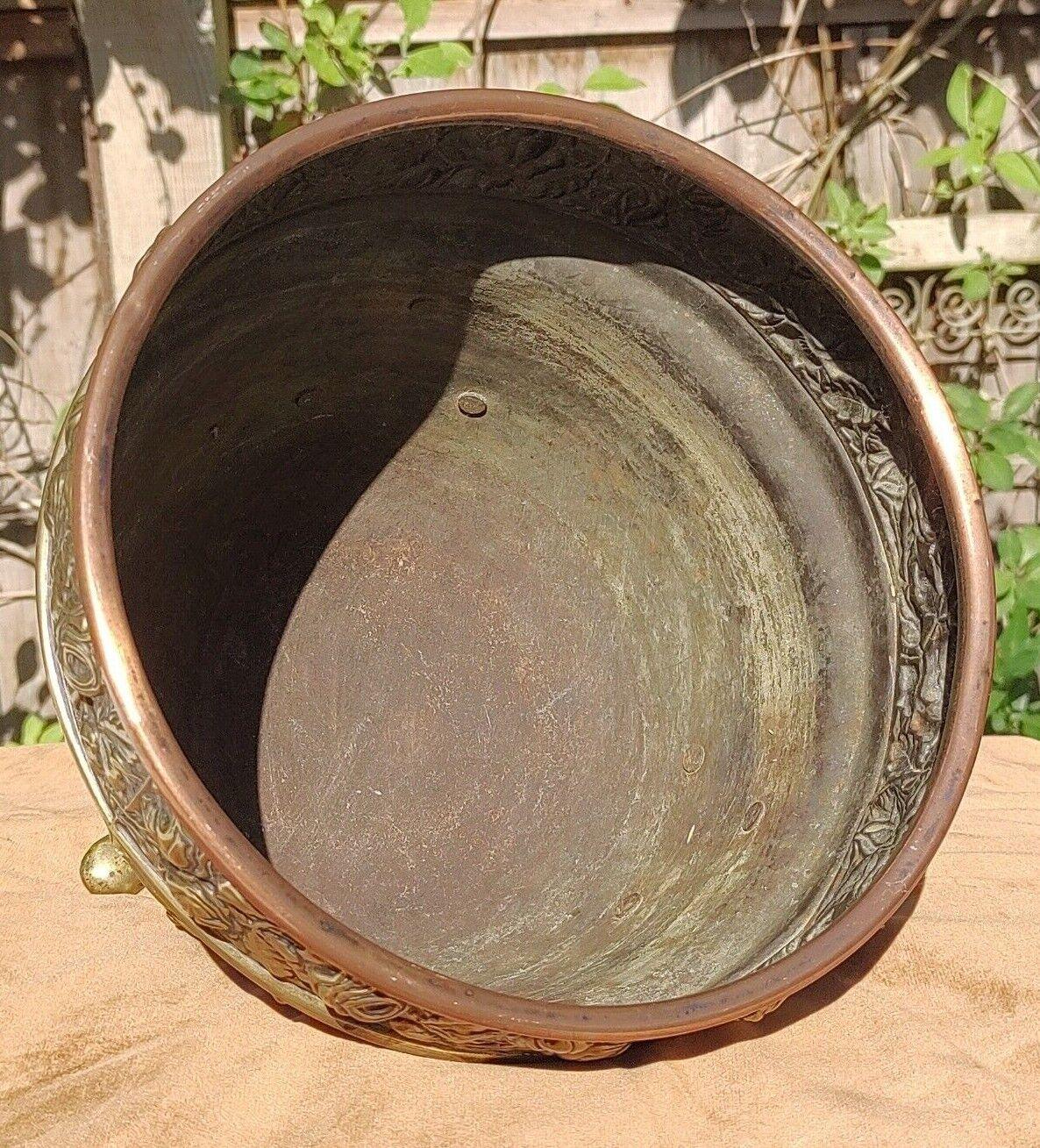 Antique Art Nouveau Copper & Brass Floral Repousse Jardiniere Footed Planter - Tommy's Treasure