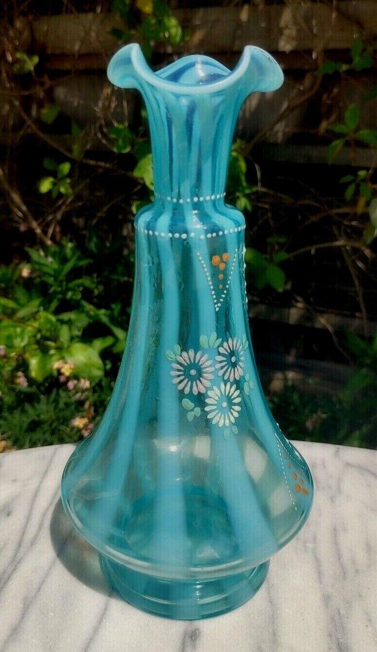 Victorian Opalescent Candy Stripe Rib Hand Enamelled Blue Glass Vase 10" - Tommy's Treasure
