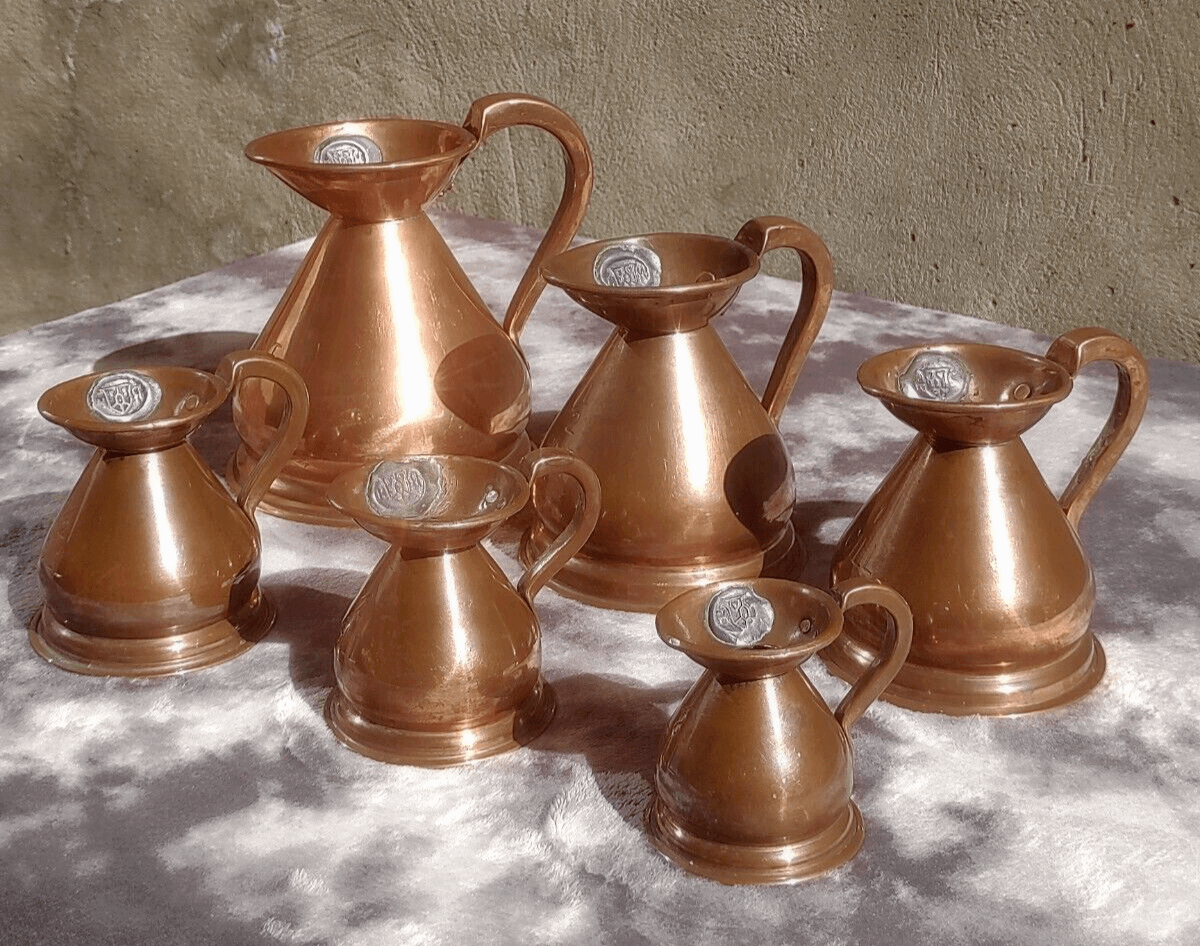19th Century Antique Victorian English Copper Haystack Measuring Pitcher Jug Set - Tommy's Treasure