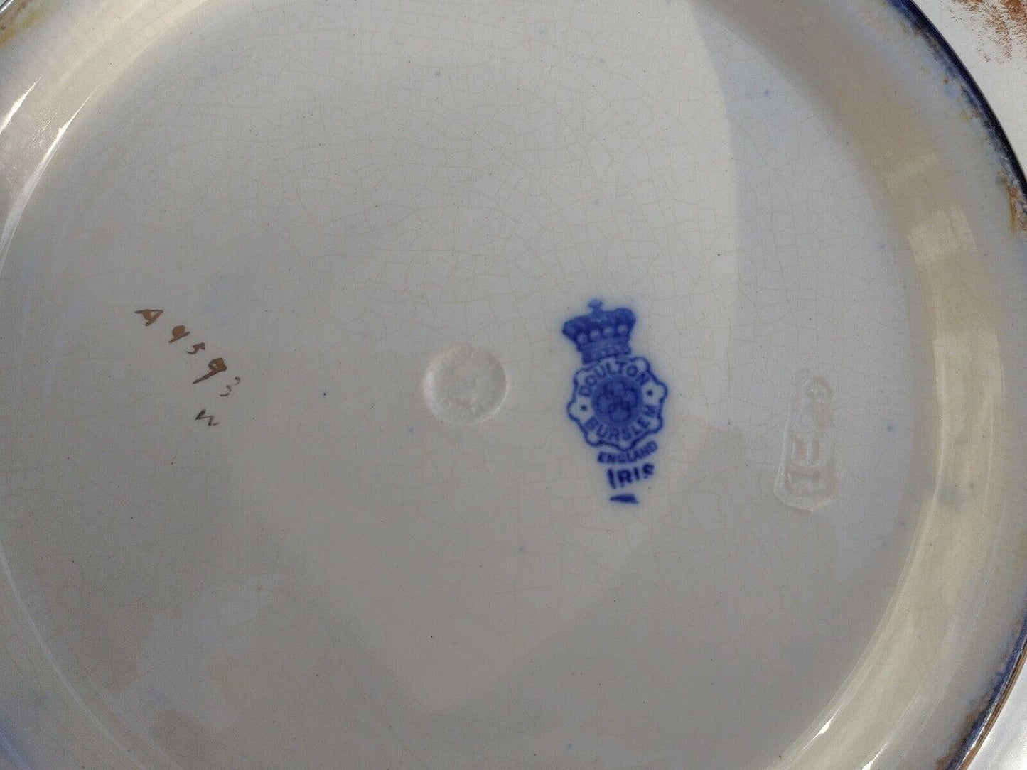 Antique Doulton Burslem Flow Blue & Gold Gilt Iris Wash Bowl Basin - 42cm - Tommy's Treasure