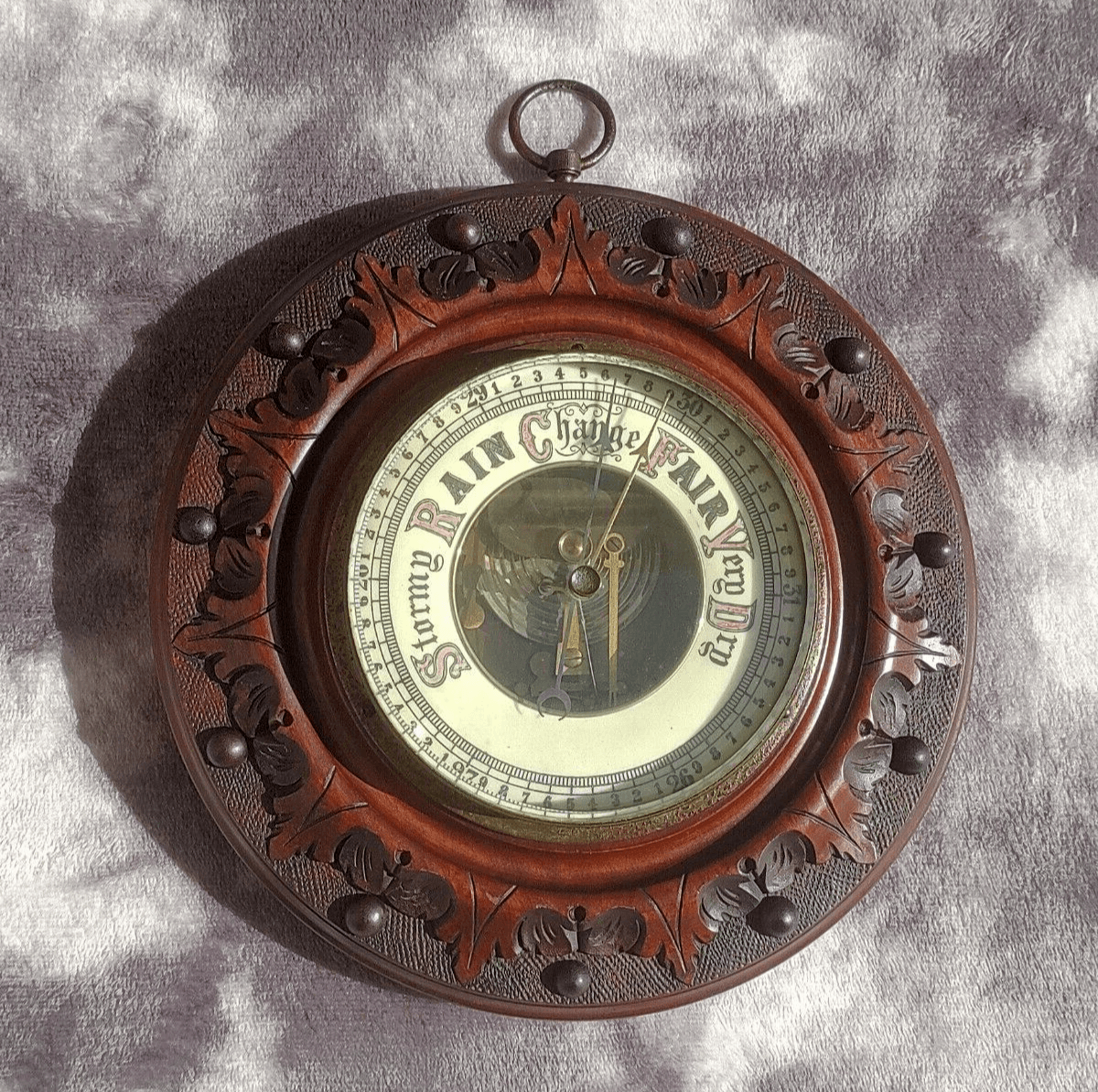19th Century Victorian Antique Circular Carved Beechwood Aneroid Barometer 21 cm - Tommy's Treasure