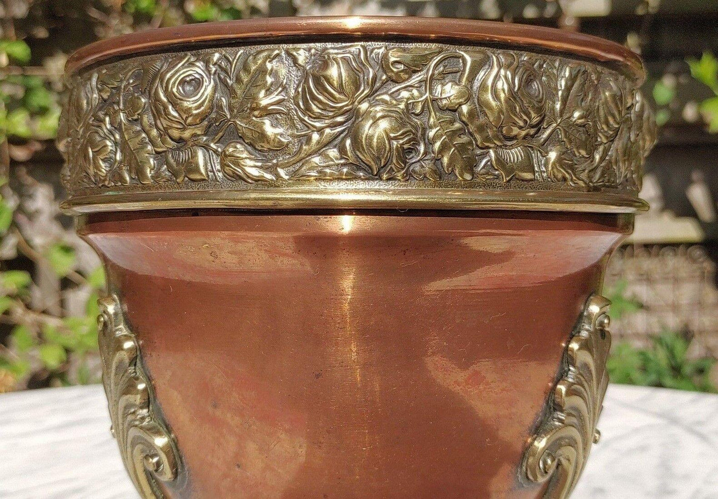 Antique Art Nouveau Copper & Brass Floral Repousse Jardiniere Footed Planter - Tommy's Treasure