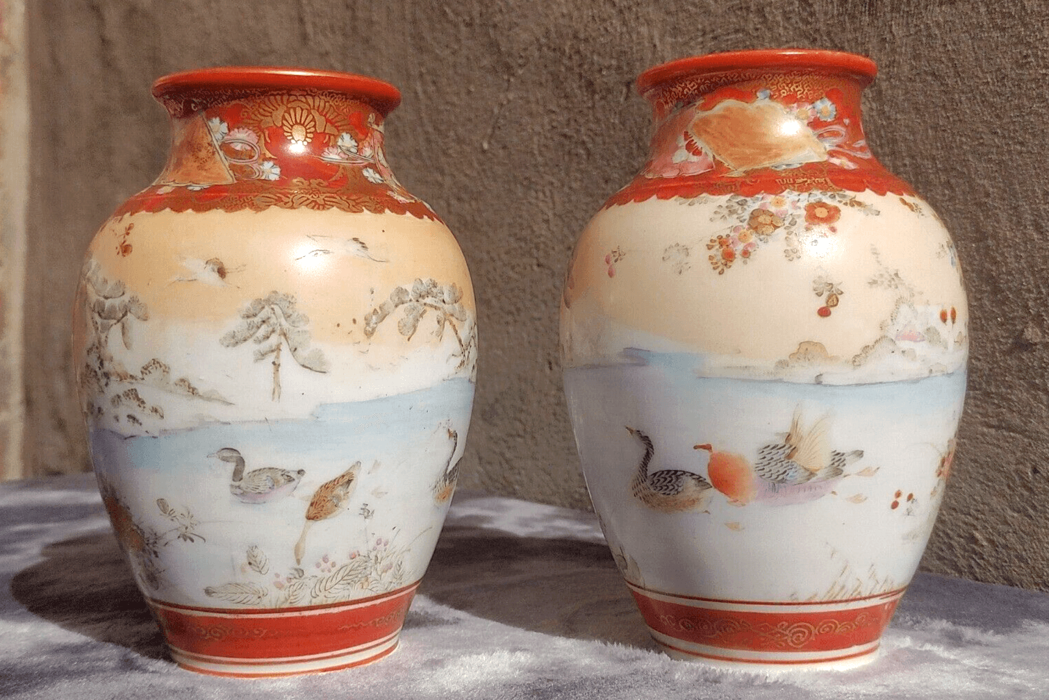 Antique Pair of Japanese Meiji Period Signed Kutani Tsukuru Quail Vases 15.5 cm - Tommy's Treasure