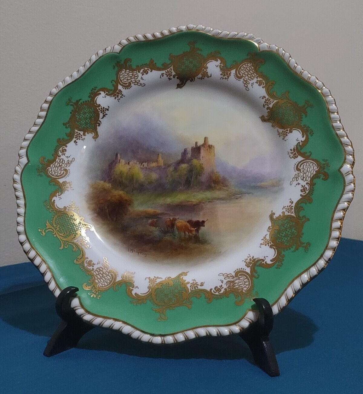 Antique 1921 Royal Worcester Plate Highland Cattle Kilchurn Castle by H. Stinton