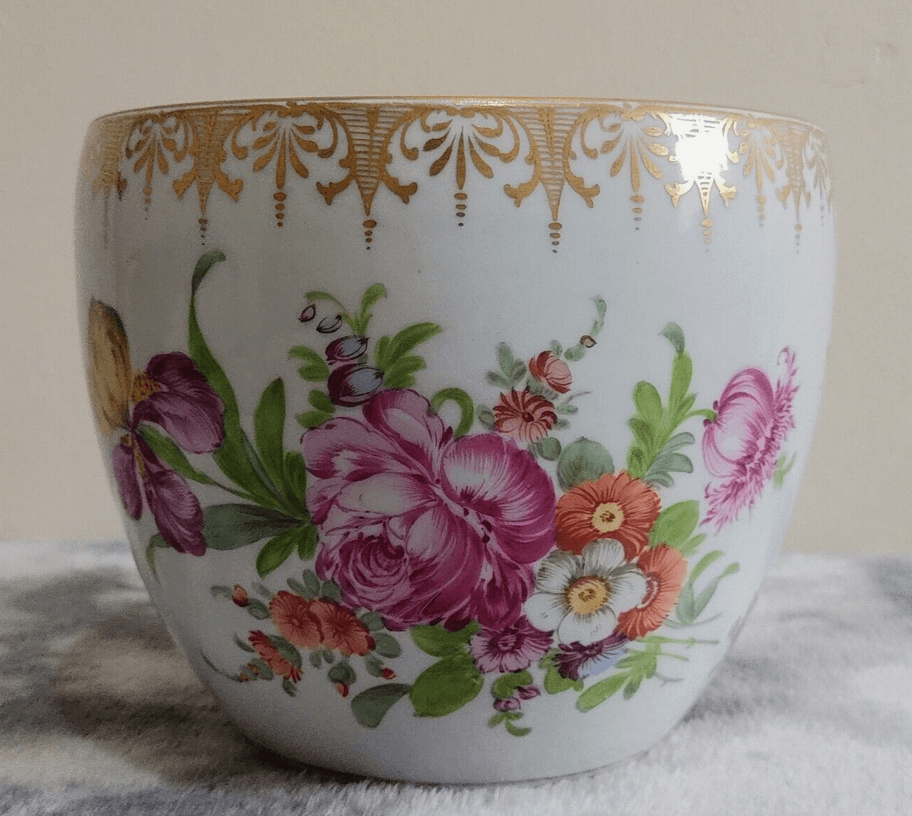 c.1890 Dresden German Porcelain Hand Painted Flowers Antique Jardiniere Plant Pot - Tommy's Treasure