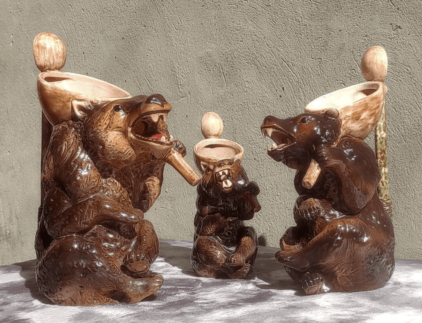 19th Century Victorian Antique Holdcroft Majolica Pottery Honey Bear Pitcher Jug Set - Tommy's Treasure