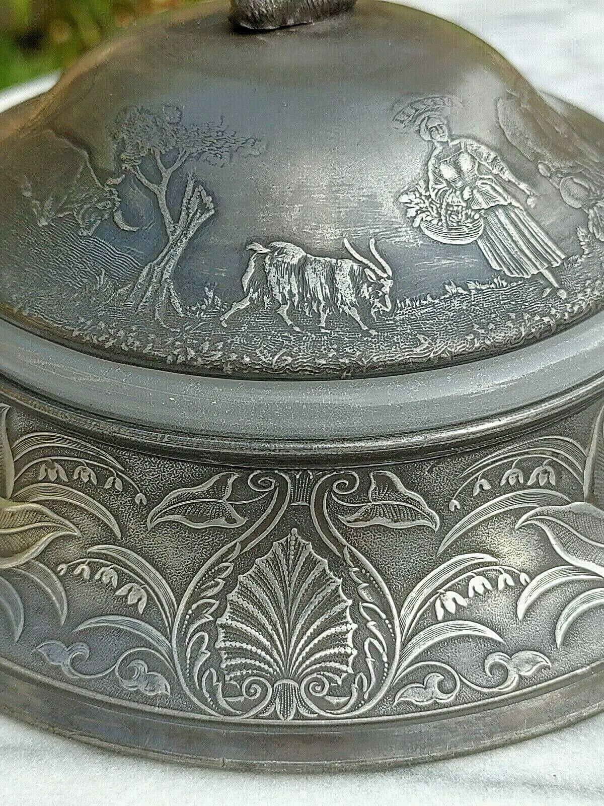 Antique Pewter Butter Dish Embossed Farm Agriculture Scene + Glass Liner - Tommy's Treasure