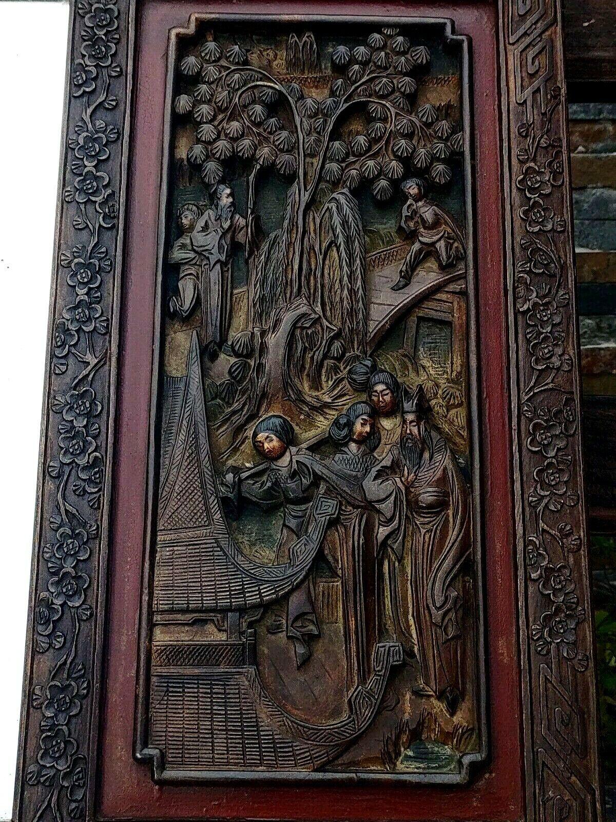 c.1900 Antique Chinese Carved Wood Figural Panel Hardwood Bevelled Mirror - 38" - Tommy's Treasure